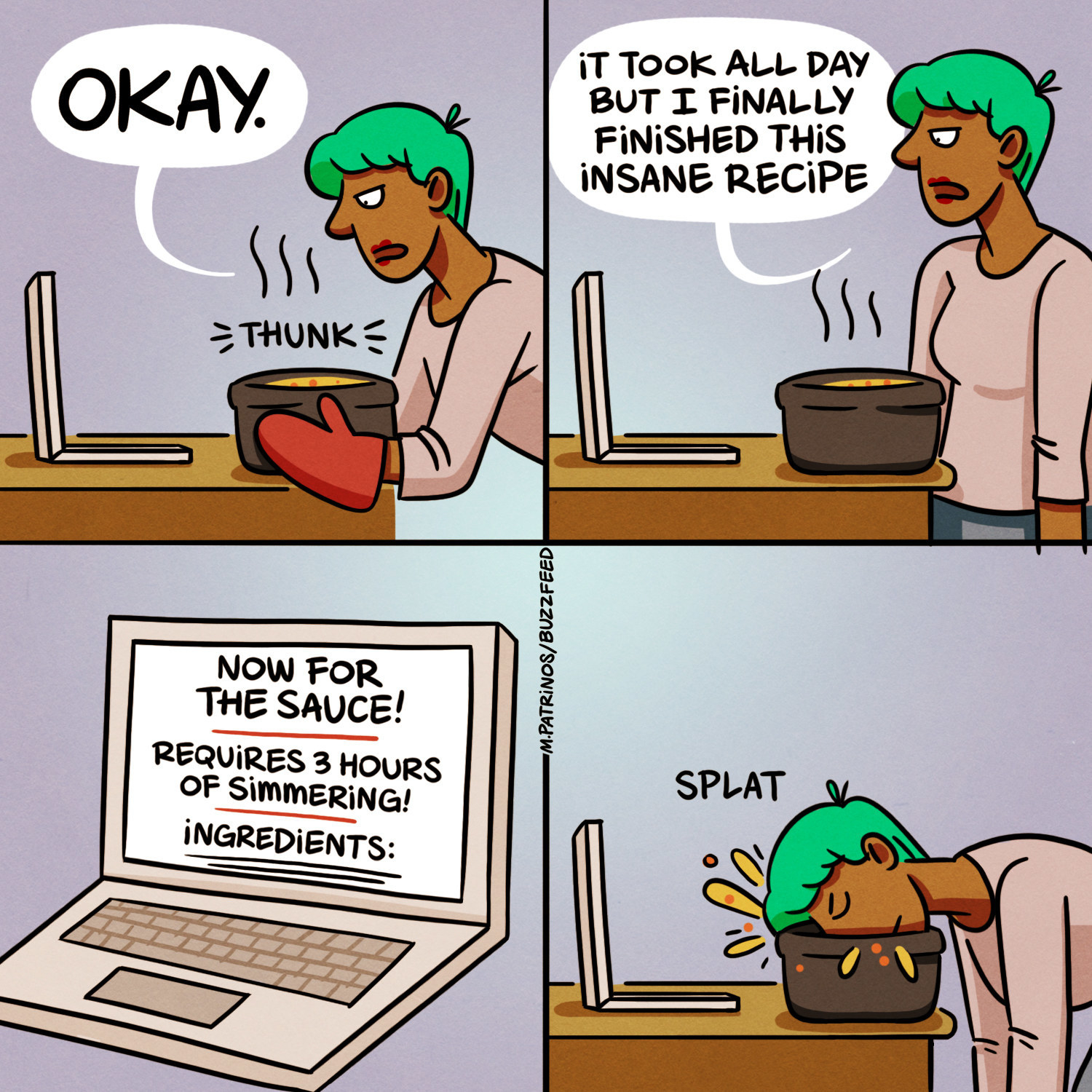 Cartoon that shows someone who didn&#x27;t read the whole recipe before cooking.