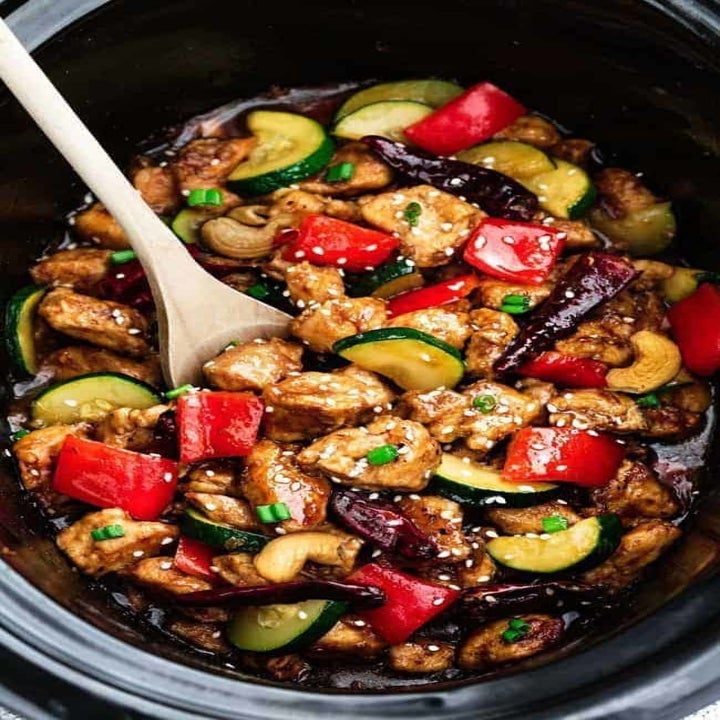 Kung Pao chicken in a slow cooker basket.